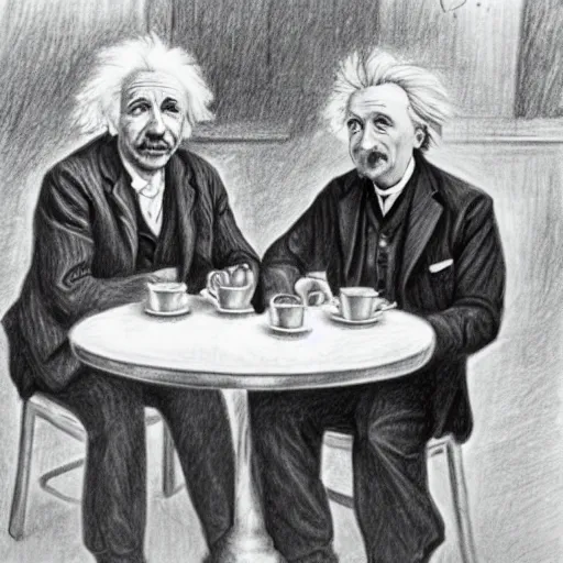 Image similar to Einstein and Tesla sitting at cafe, pencil drawing, ultra detailed