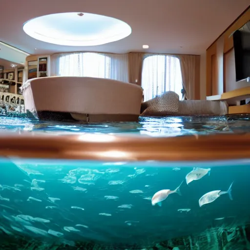 Prompt: wide angle photograph of a fancy living room half - filled with water, fish swimming under and around furnature