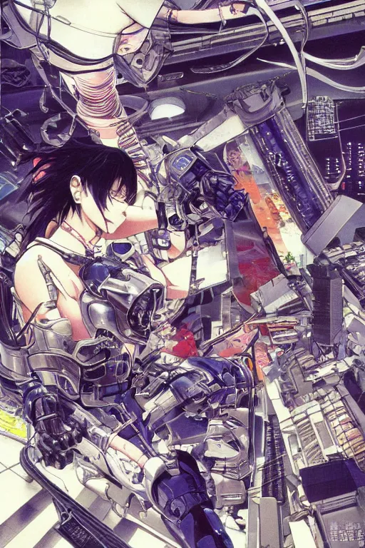 Image similar to hyperdetailed cyberpunk anime illustration of motoko kusanagi in lab getting repaired, by masamune shirow and katsuhiro otomo