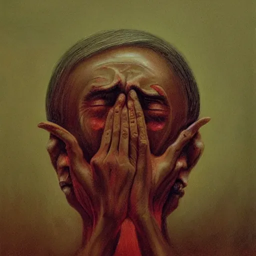 Image similar to Painting in a style of Beksinski featuring bibi netanyahu crying. Pain and suffering in the background