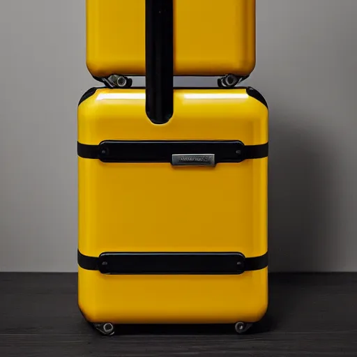 Prompt: yellow coffee mug full of steaming coffee, mugs surface is made of rimowa aluminium suitcase,