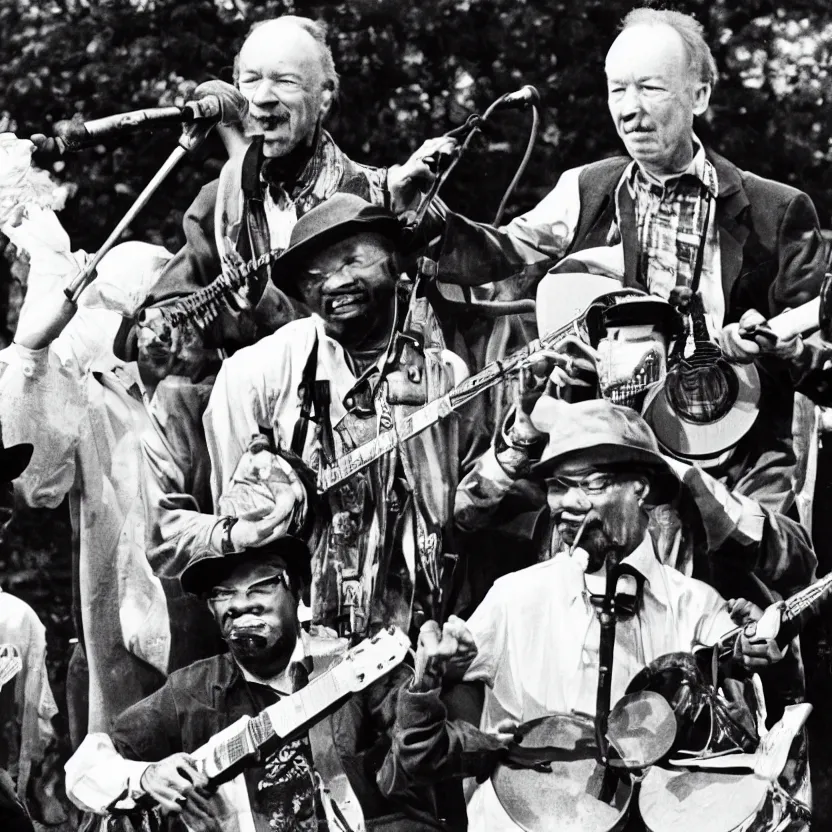 Image similar to album cover photo of pete seeger with a banjo singing around a single microphone with run dmc from 1 9 8 9