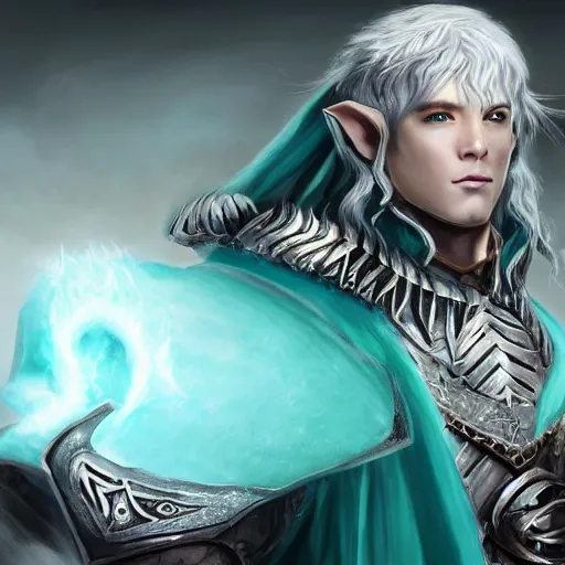 Image similar to handsome male snow elf in a turquoise cape and silver ornate armour, albino skin, elden ring, realistic, dnd character portrait, full body, dnd, rpg, lotr game design fanart by concept art, behance hd, artstation, deviantart, global illumination radiating a glowing aura global illumination ray tracing hdr render in unreal engine 5