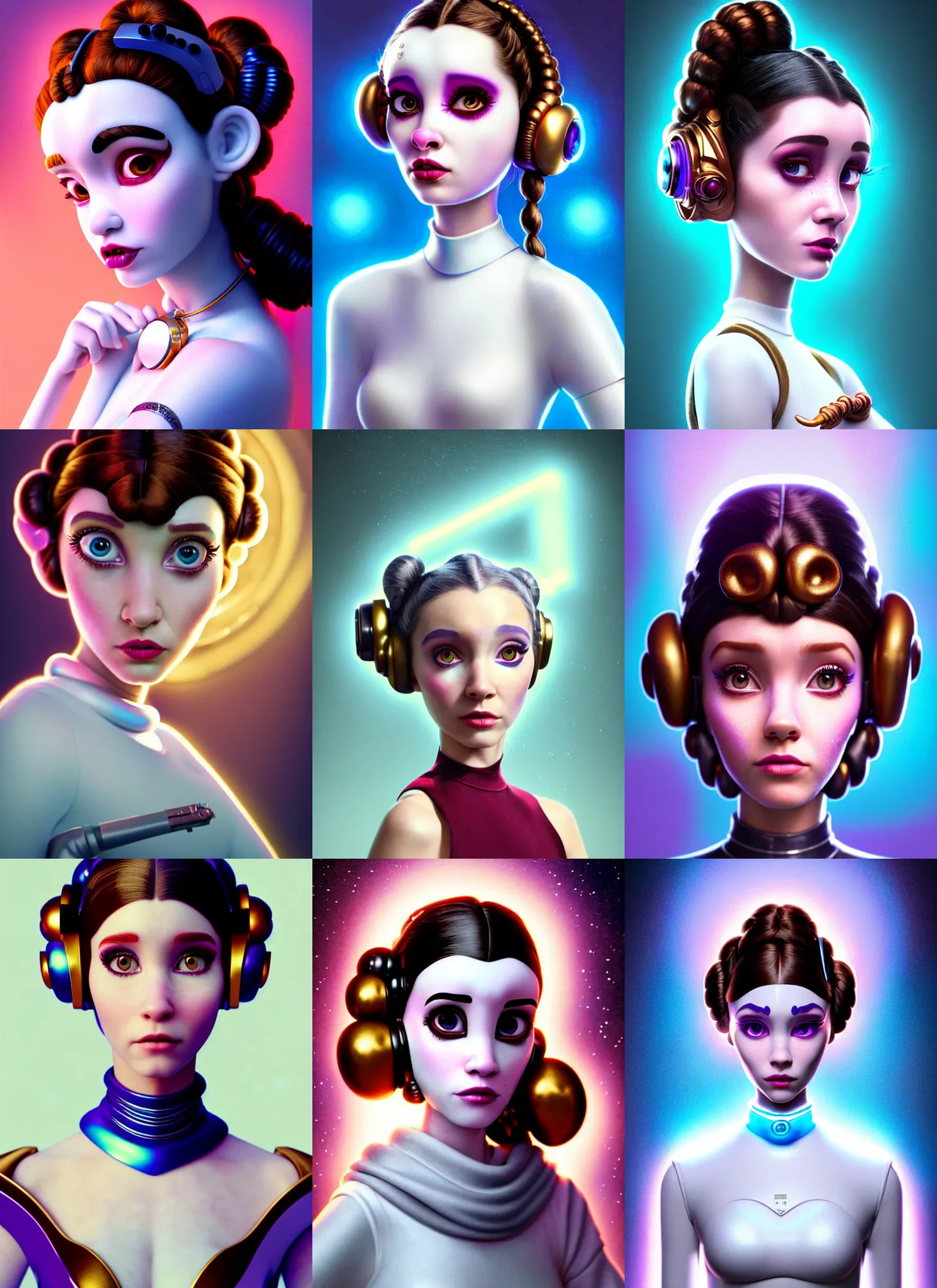 Prompt: pixar portrait 8 k photo, beautiful white avatar princess leia clowncore madison beer cyborg woman, golden ratio jewelry candy, sci - fi, fantasy, cyberpunk, intricate, visor, elegant, highly detailed, digital painting, ever after high, octane render, artstation, concept art, smooth, sharp focus, illustration, art by artgerm, loish, wlop