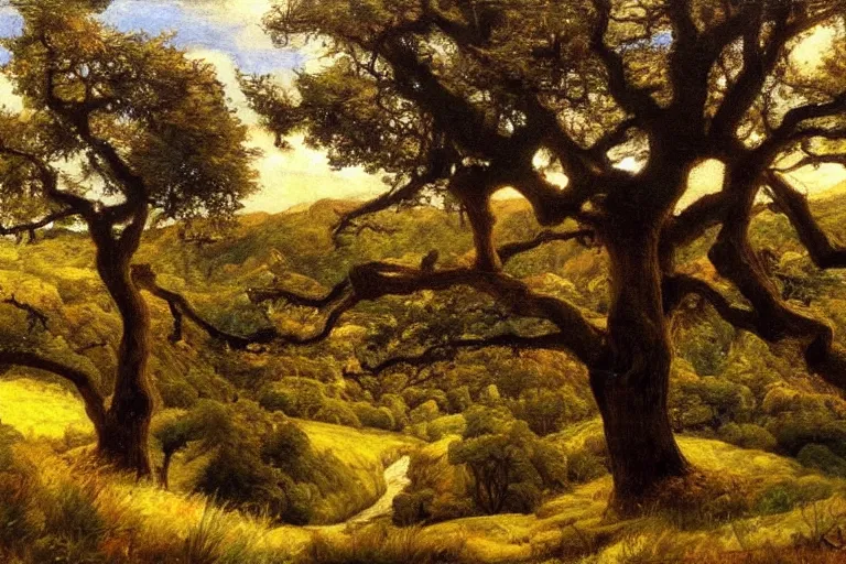 Image similar to masterpiece painting of oak trees on a hillside overlooking a creek, dramatic lighting, by annie swynnerton