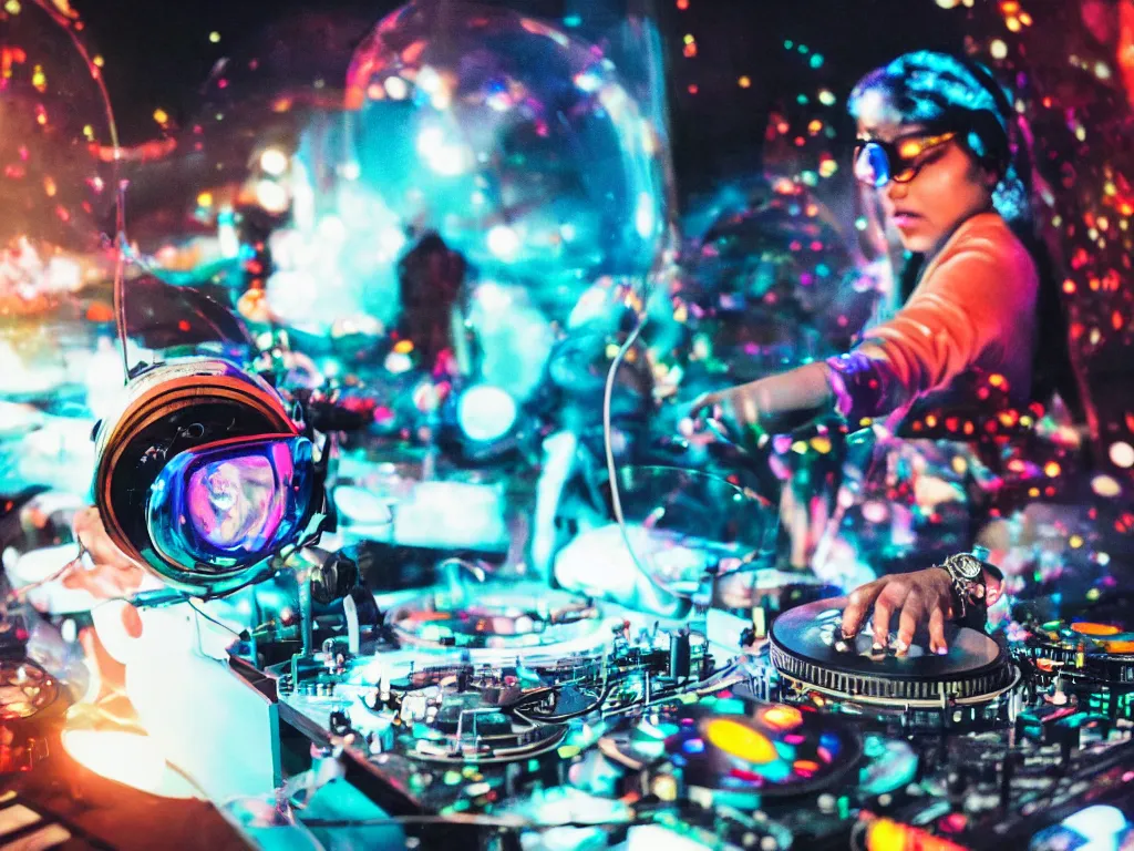 Prompt: an indian woman wearing goggles and visor and headphones using a retro record player contraption, hologram, turntablism dj scratching, screens, smoky atmosphere, intricate planetary gears, cinematic, imax, sharp focus, leds, bokeh, iridescent, black light, fog machine, hazy, lasers, hyper color digital art