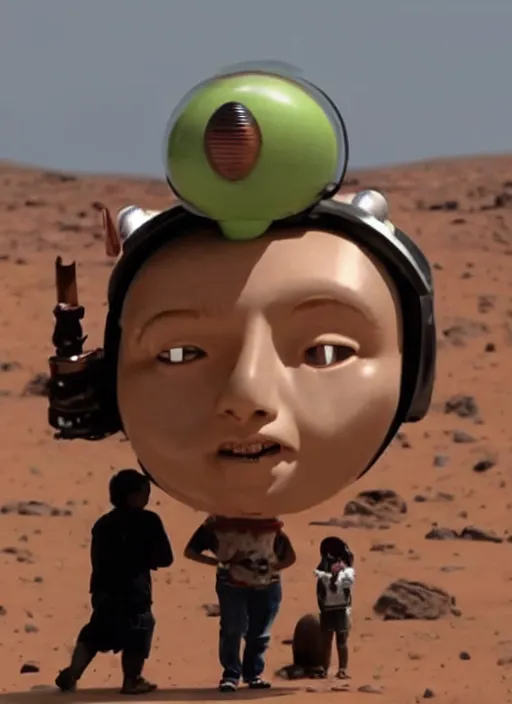 Image similar to big headed child elon mask on mars holding a small toy rocket