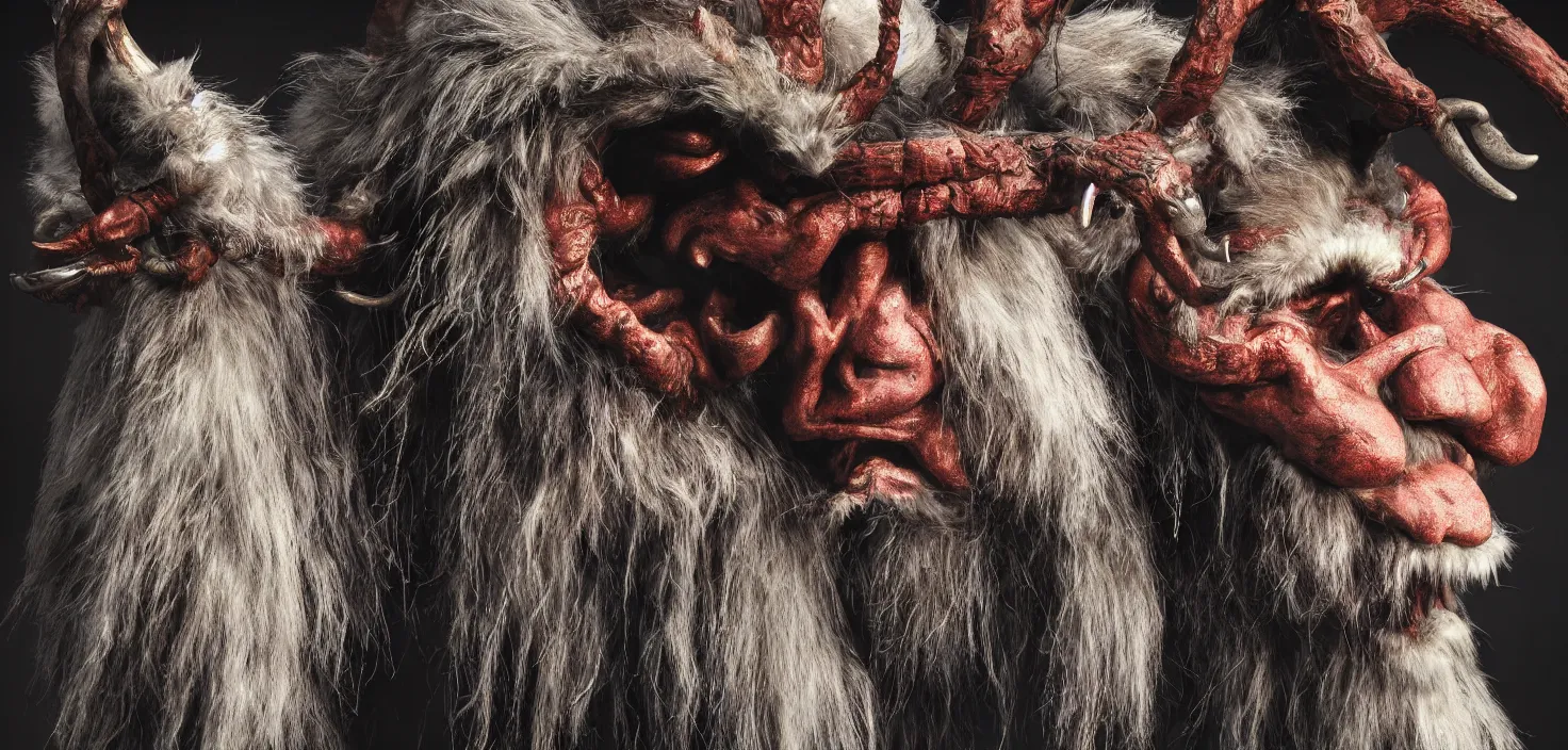 Prompt: hyperrealist highly detailed neo-baroque portrait of krampus standing in dolomites concept art pascal blanche dramatic studio lighting 8k wide angle shallow depth of field