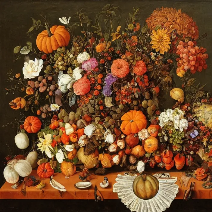 Prompt: thanksgiving supper, flowers and fruit on a wooden table, a still life by giuseppe arcimboldo, vanitas, pinterest, maximalist, intricate high detail masterpiece