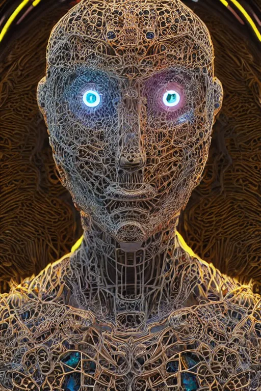 Image similar to a melancholic realistic 8k sculpture of a complex robotic human face, liquid metal simulation, bright psychedelic neon colors, dark dramatic lighting, hexagonal mesh wire, filigree intricate details, cinematic, fleshy musculature, white blossoms, elegant, 50mm lens, DOF, octane render, art nouveau, 8k post-processing, intricate art by Eddie Mendoza
