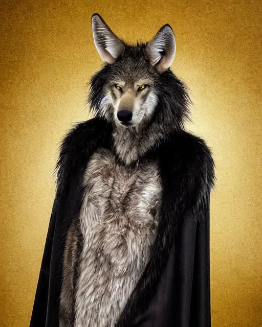 Prompt: Tall emaciated man wolf hybrid, covered in matted fur, he has yellow wolf eyes, a long bent rat like tail, long coyote like ears, and is Wearing a cape with a Top Hat, highly realistic, Rick Baker style, photoreal, photograph in the style of Annie Leibovitz, Studio lighting