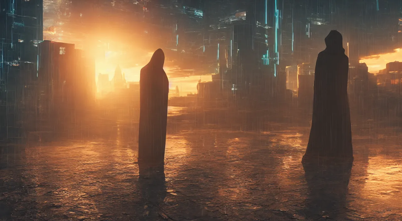 Image similar to a singular cloaked figure standing in the foreground of a cyberpunk landscape, synth, puddles, sunrise