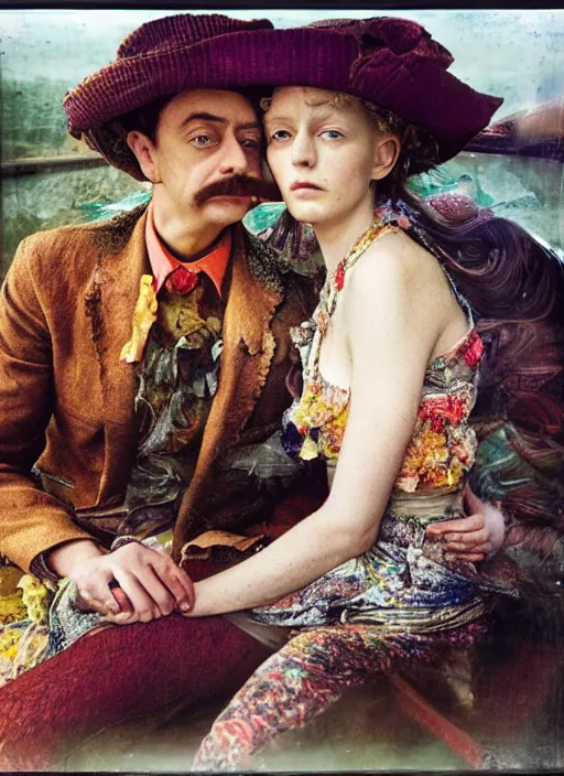 Image similar to detailed colourful masterpiece of photography by anne leibovitz couple portrait sat down extreme closeup, love, inside an underwater train, detailed realistic expressions, wearing unusual clothes, tsunami, by ford madox brown and william powell frith
