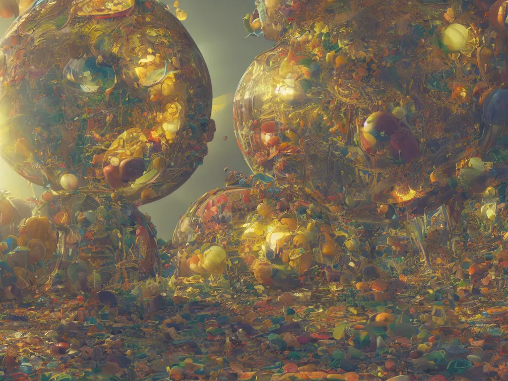 Image similar to 3 d render, sunlight study, the universe is a spheroid region 7 0 5 meters in diameter, art nouveau, by jan davidz de heem and ( ( ( ( ( lisa frank ) ) ) ) ), 8 k, sharp focus, octane render