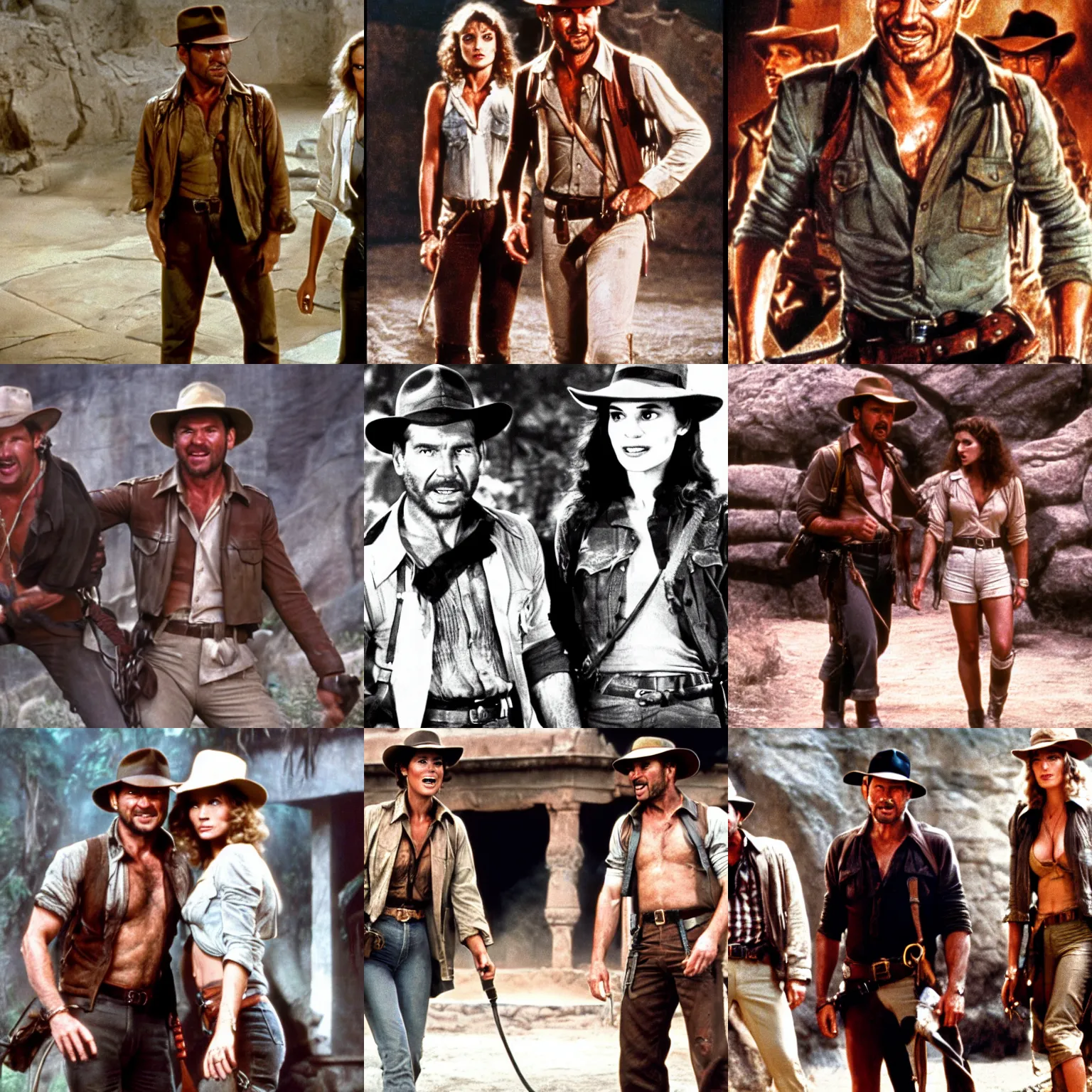 Prompt: Indiana Jones, 1980, rugged, ripped clothes holding whip, Anderson, Sophie