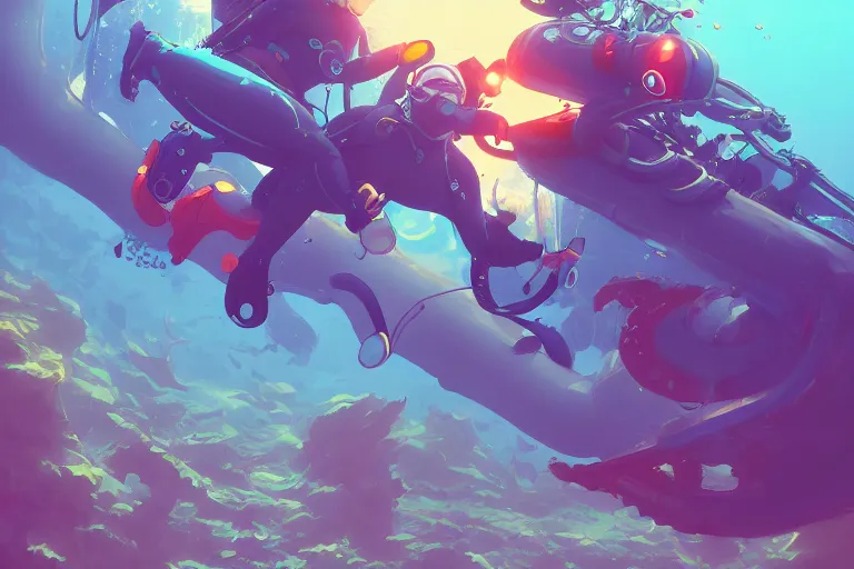 Prompt: scuba divers escaping a leviathan | hyperrealistic digital painting by makoto shinkai, ilya kuvshinov, lois van baarle, rossdraws | afrofuturism in the style of hearthstone and overwatch, trending on artstation