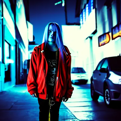 Prompt: billie elish in a cyberpunk street, movie still, photorealistic, photography, cine still, 8 k, imax picture, dramatic lighting, volumetric lighting, shallow depth of field