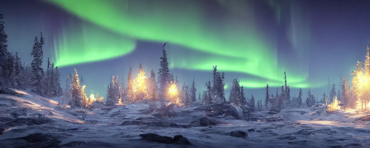 Image similar to a beautiful landscape with northern lights 8 k uhd, unreal engine, octane render in the artstyle of finnian macmanus, john park and greg rutkowski