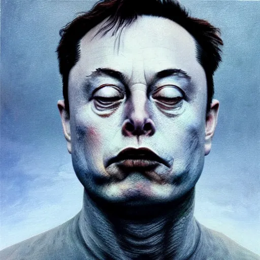 Image similar to god emperor elon musk as a zdzisław beksinski painting