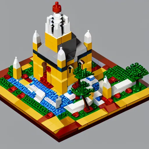 Prompt: isometric view of a lego church, lego bricks, model church, geometric isometric view