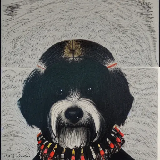 Image similar to tlingit haida lithograph, portrait of havanese dog, simplified forms, multiple colors, print by tristan - wolf reg davidson clifton guthrie maynard johnny jr.