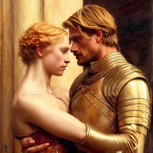 Prompt: attractive fully clothed jaime lannister confesses his love for his attractive fully clothed brienne of tarth. highly detailed painting by gaston bussiere and j. c. leyendecker 8 k