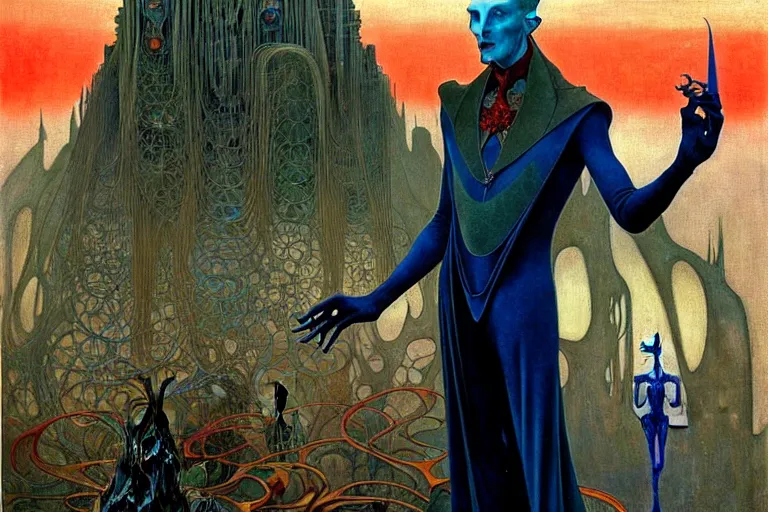 Image similar to realistic extremely detailed portrait painting of an elegantly creepy vampire man in a cape, futuristic sci-fi fortress on background by Jean Delville, Amano, Yves Tanguy, Alphonse Mucha, Ernst Haeckel, Edward Robert Hughes, Roger Dean, rich moody colours, blue eyes