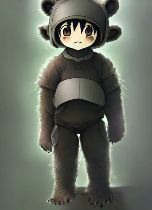 Image similar to beautiful little boy wearing an cyborg bear suit, artwork in kentaro miura and made in abyss and rosdraws, smooth, beautiful lightness, anatomically correct, trending on pixiv, forest