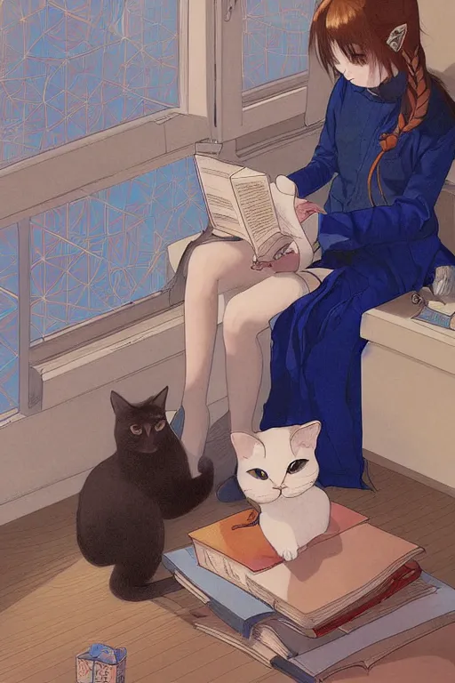 Prompt: a digital painting of a girl reading a book with a cat in A comfortable study room at night,JK uniform ,Hairdryer,blue theme,geometric shapes,S line,hard edges, by mucha and krenz cushart and range murata and liduke