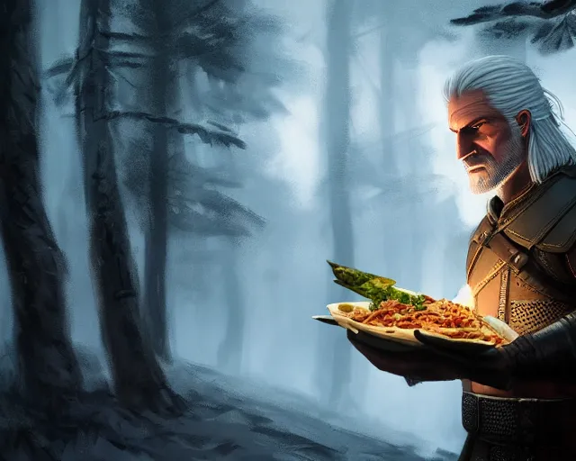 Image similar to 5 5 mm portrait photo of geralt of rivia serving shawarma, in a magical forest. dark atmosphere. art by greg rutkowski. highly detailed 8 k. intricate. lifelike. soft light. nikon d 8 5 0.