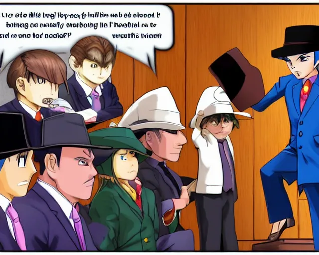 Image similar to phoenix wright defends hat kid in court