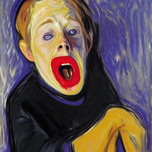 Prompt: young macaulay culkin from home alone as the scream painting by edvard munch,