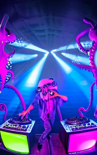 Image similar to award winning photo of an octopus! as a dj with tentacles! simultaneously placed turntables cdjs and knobs of a pioneer dj mixer. sharp, blue and fuschia colorful lighting, in front of a large crowd, studio, medium format, 8 k detail, volumetric lighting, wide angle, at an outdoor psytrance festival main stage at night