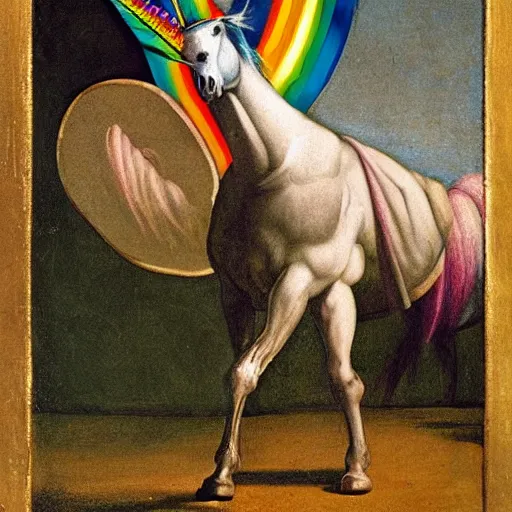 Image similar to a unicorn walking on rainbow in the style of caravaggio