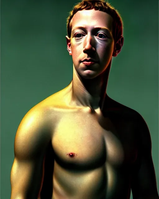 Image similar to colour caravaggio and denis villeneuve style hyperrealism photography portrait of highly detailed hyperralism mark zuckerberg reptilian wearing hyperrealism detailed solarpunk costume designed by alejandro jodorowsky and ridley scott. josan gonzalez. winkelmann, greg rutkowski, araki nobuyoshi