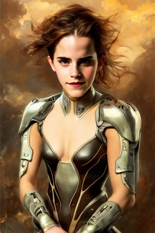 Image similar to emma watson smiling closeup portrait futuristic fractal fightsuit bustier gaston bussiere craig mullins j. c. leyendecker short wet hair