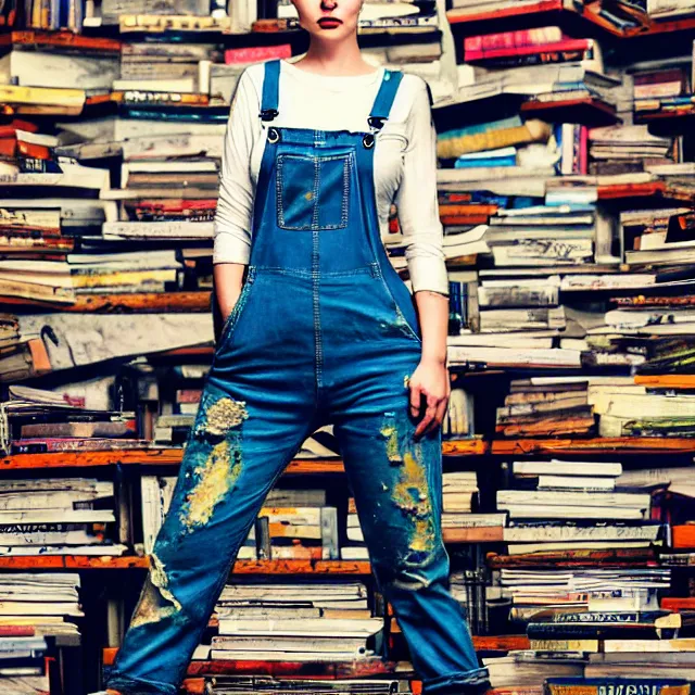 Image similar to full body pose, beautiful adult woman, short white hair shaved sides, dirty, grungy, grunge, long sleeve, painted overalls, stacks of giant books, highly detailed, 4 k, hdr, smooth, sharp focus, high resolution, award - winning photo, artgerm, photorealistic