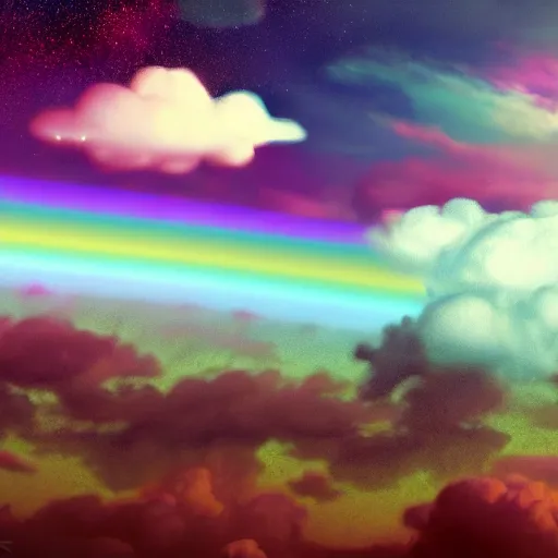 Prompt: sky with a rainbow and another section of the sky has fluffy clouds and the third section is a galaxy, concept art, trending on artstation octane render 8 k uhd, fitz henry lane, rossdraws