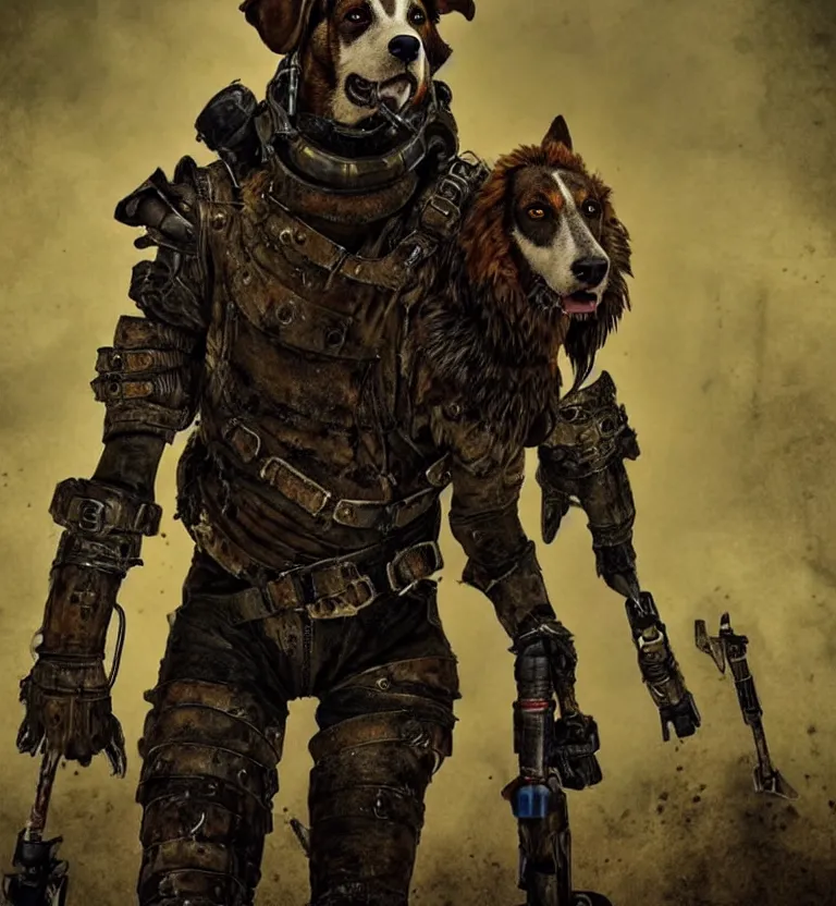 Image similar to a good ol'hound dog fursona ( from the furry fandom ), heavily armed and armored facing down armageddon in a dark and gritty version from the makers of mad max : fury road. witness me.