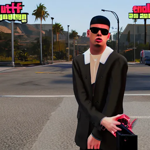 Prompt: bad bunny music artist on the cover of gta v