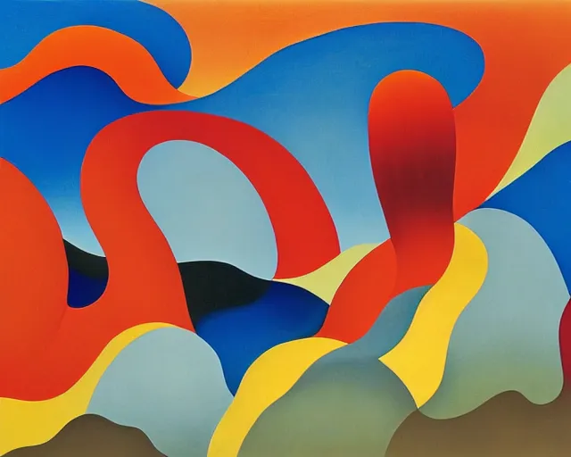 Image similar to An insane, modernist landscape painting. Wild energy patterns rippling in all directions. Curves, organic, zig-zags. Saturated color. Mountains. Clouds. Rushing water. Georgia O'Keeffe. Dali.