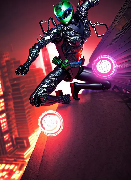 Image similar to kamen rider action pose, human structure concept art, human anatomy, full body hero, intricate detail, art and illustration by irakli nadar and alexandre ferra, global illumination, on tokyo cyberpunk night rooftop, frostbite engine