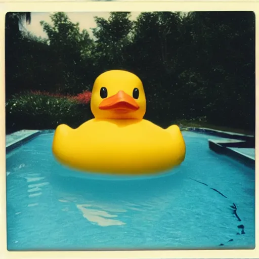 Prompt: a very beautiful picture of a giant rubber duck in a pool, polaroid