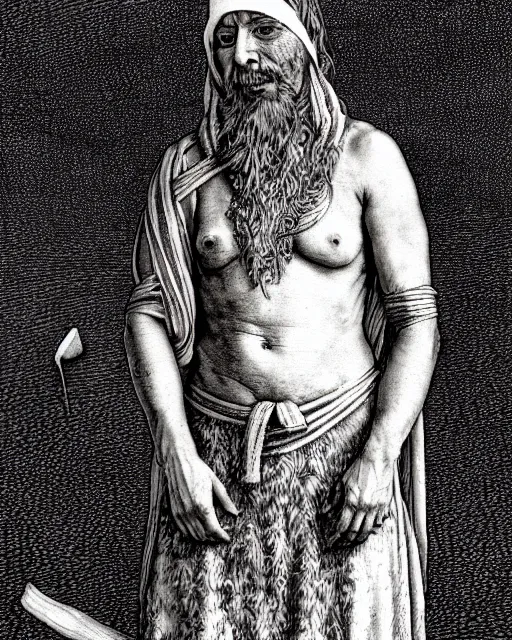 Image similar to a desert druid wearing bandages all over his body, full body, hyper realism, fine details, deviantart artstation, extremely detailed, black and white, very sharp, in the style of albrecht durer, etching,