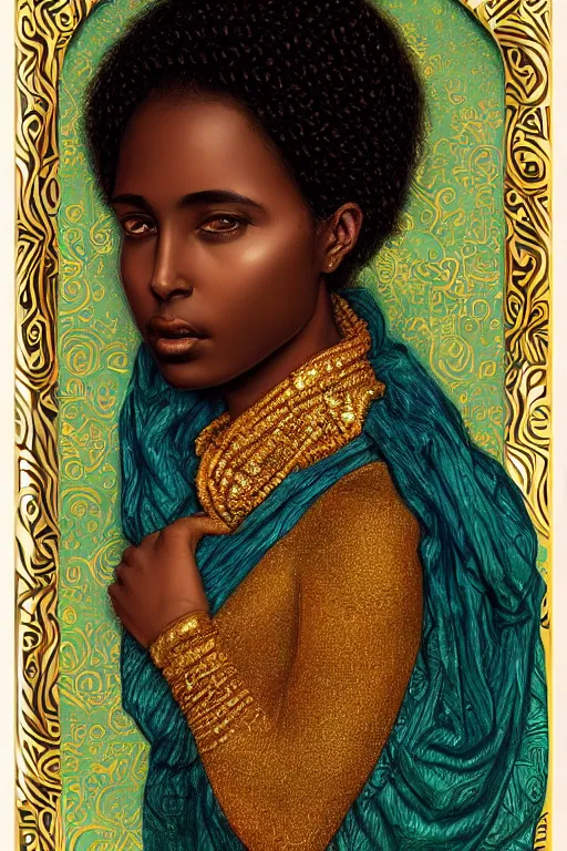 Image similar to Portrait of a Arabic African female, sad green eyes, beautiful skin, elegant, jewellery, digital painting, Pre-Raphaelites, highly detailed, concept art, smooth, sharp focus, gold and indigo, illustration, art by Klimt .