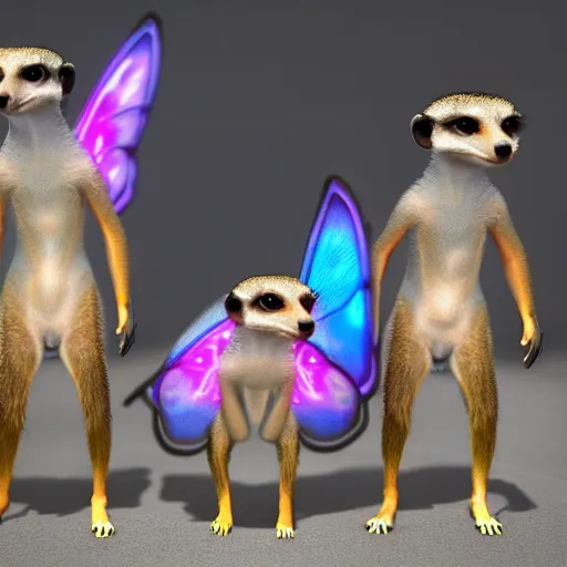 Prompt: neon fluorescent, iridescent cute meerkats with fairy wings cyperpunk 2 0 7 7, unreal engine 5, 8 k ultra realistic, hyperdetailed, volumetric lighting, extremely high quality