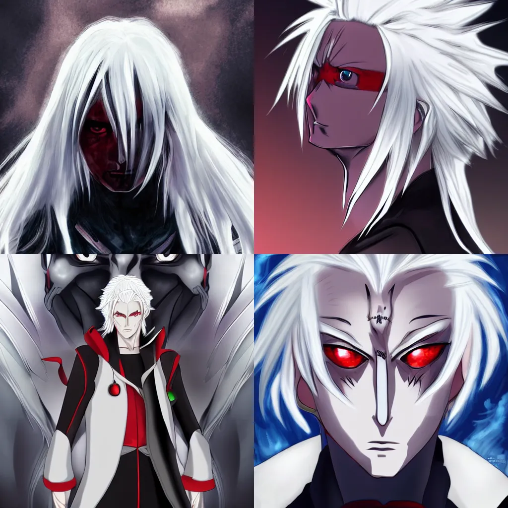 Prompt: white anime villain with white hair and red eyes, anime style art