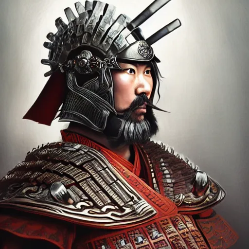 Prompt: full body portrait of a japanese samurai, fantasy, complex armour, stylized, full face helmet, trending on artstation, gsociety, D&D, elegant, highly detailed, digital painting, smooth, sharp focus, upper body, intricate, detailed face, backlit by greg rutkowski, Alphonse Mucha, Ayami Kojima, Charlie Bowater, Karol Bak, Greg Hildebrandt