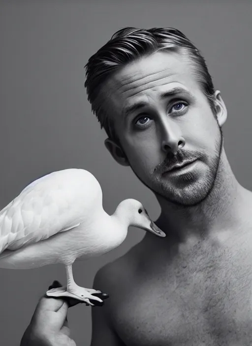 Prompt: ryan gosling fused with a white goose, natural light, bloom, detailed face, magazine, press, photo, steve mccurry, david lazar, canon, nikon, focus