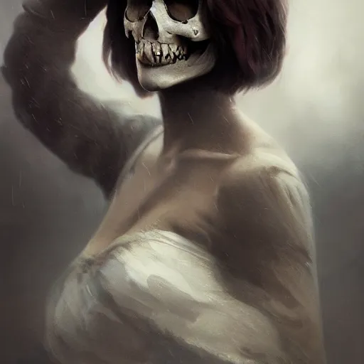 Image similar to an portrait of an woman with a skull face, Matte painting , detailed painting, made by Greg Rutkowski, 4k, atmospheric